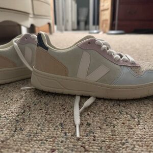 Veja Cream and Tan Sneakers with Pink Accents